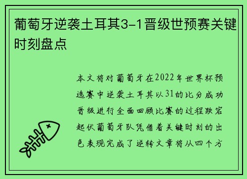 葡萄牙逆袭土耳其3-1晋级世预赛关键时刻盘点 葡萄牙逆袭土耳其3-1晋级世预赛关键时刻盘点